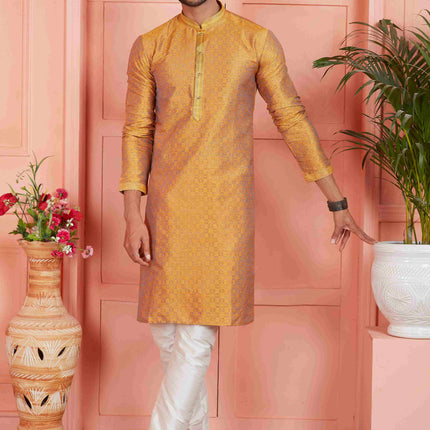 Raivat Ethnic Men's Jacquard Silk Brocade Pintux Work Kurta Pyjama In Mustard Colour