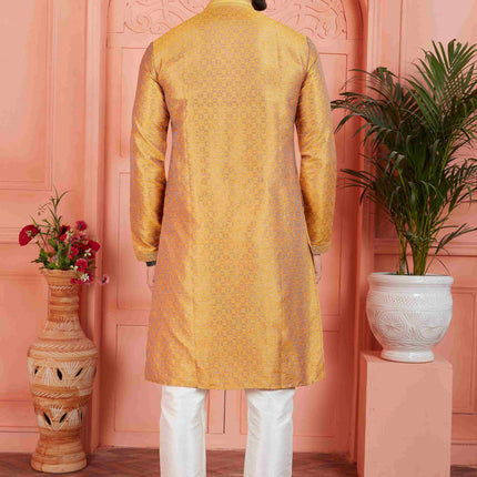 Raivat Ethnic Men's Jacquard Silk Brocade Pintux Work Kurta Pyjama In Mustard Colour