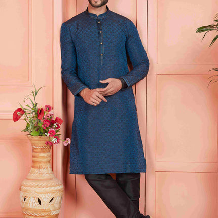 Raivat Ethnic Men's Jacquard Silk Brocade Pintux Work Kurta Pyjama In Teal Colour