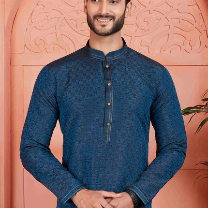 Raivat Ethnic Men's Jacquard Silk Brocade Pintux Work Kurta Pyjama In Teal Colour