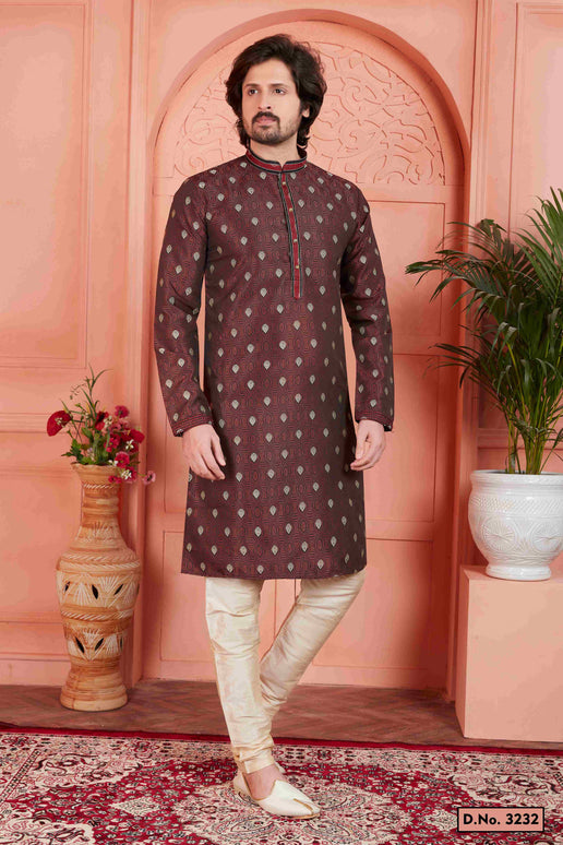 Raivat Ethnic Men's Jacquard Silk Brocade Pintux Work Kurta Pyjama In Brown Colour