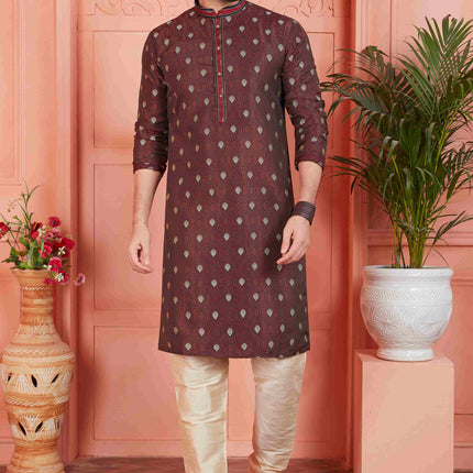 Raivat Ethnic Men's Jacquard Silk Brocade Pintux Work Kurta Pyjama In Brown Colour