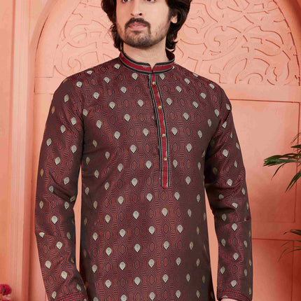 Raivat Ethnic Men's Jacquard Silk Brocade Pintux Work Kurta Pyjama In Brown Colour