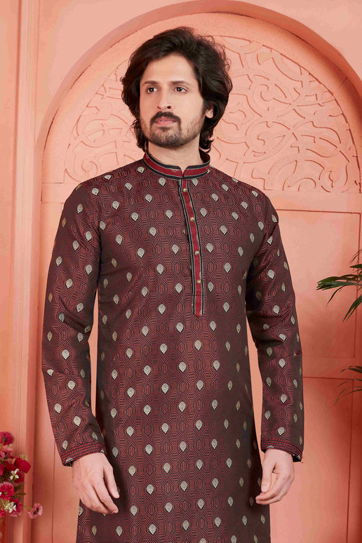 Raivat Ethnic Men's Jacquard Silk Brocade Pintux Work Kurta Pyjama In Brown Colour
