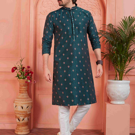 Raivat Ethnic Men's Jacquard Silk Brocade Pintux Work Kurta Pyjama In Teal Blue Colour