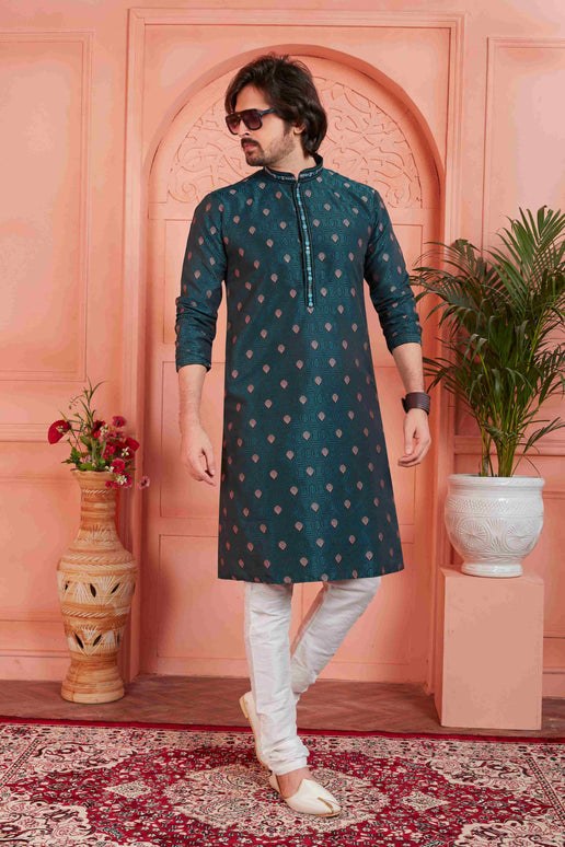 Raivat Ethnic Men's Jacquard Silk Brocade Pintux Work Kurta Pyjama In Teal Blue Colour