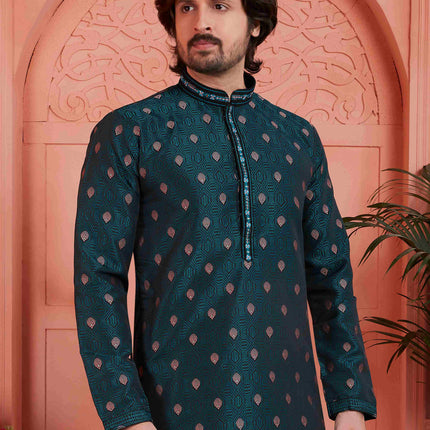 Raivat Ethnic Men's Jacquard Silk Brocade Pintux Work Kurta Pyjama In Teal Blue Colour