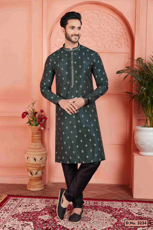 Raivat Ethnic Men's Jacquard Silk Brocade Pintux Work Kurta Pyjama In Dark Green Colour