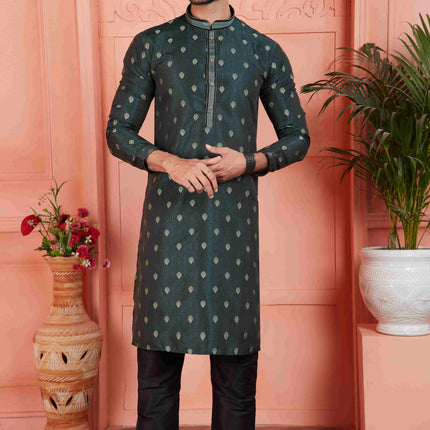 Raivat Ethnic Men's Jacquard Silk Brocade Pintux Work Kurta Pyjama In Dark Green Colour