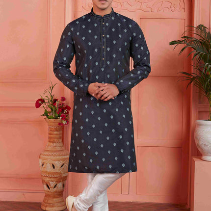 Raivat Ethnic Men's Jacquard Silk Brocade Pintux Work Kurta Pyjama In Blue Colour