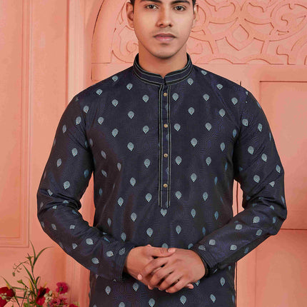 Raivat Ethnic Men's Jacquard Silk Brocade Pintux Work Kurta Pyjama In Blue Colour