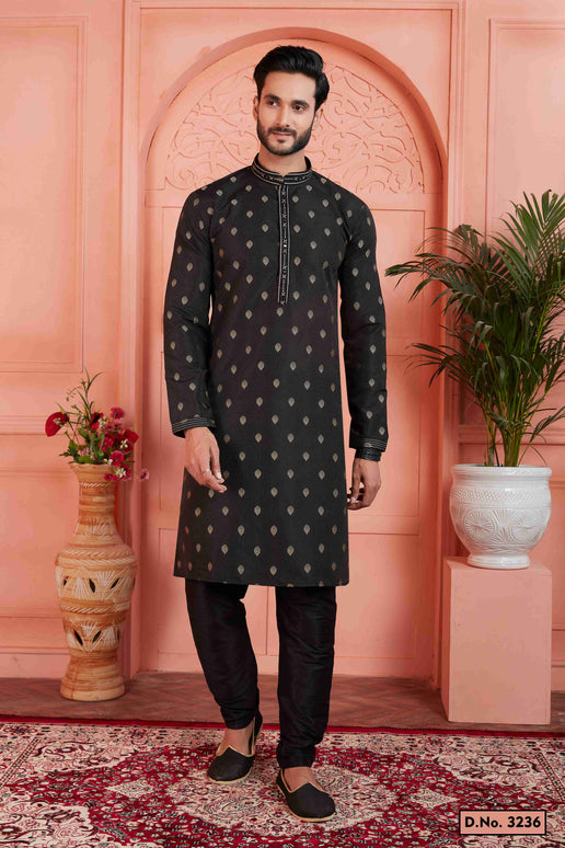 Raivat Ethnic Men's Jacquard Silk Brocade Pintux Work Kurta Pyjama In Black Colour