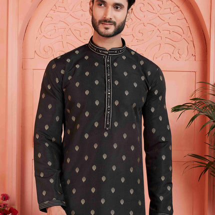 Raivat Ethnic Men's Jacquard Silk Brocade Pintux Work Kurta Pyjama In Black Colour