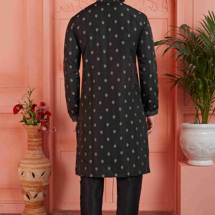 Raivat Ethnic Men's Jacquard Silk Brocade Pintux Work Kurta Pyjama In Black Colour