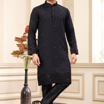 Raivat Ethnic Men's Art Silk Thread Work Kurta Pyjama In Black Colour