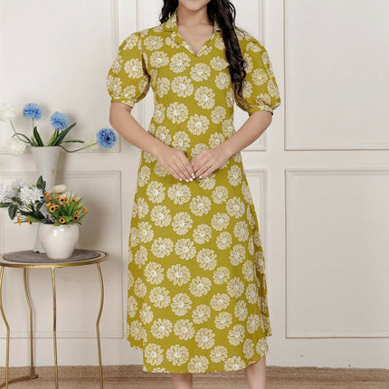 Miravan Women'S Yellow Printed Puff Sleeve Floral Maxi Party Dress