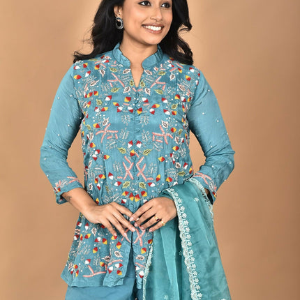 Morchari Women And Hand Embroidery Palazzo Set-Green