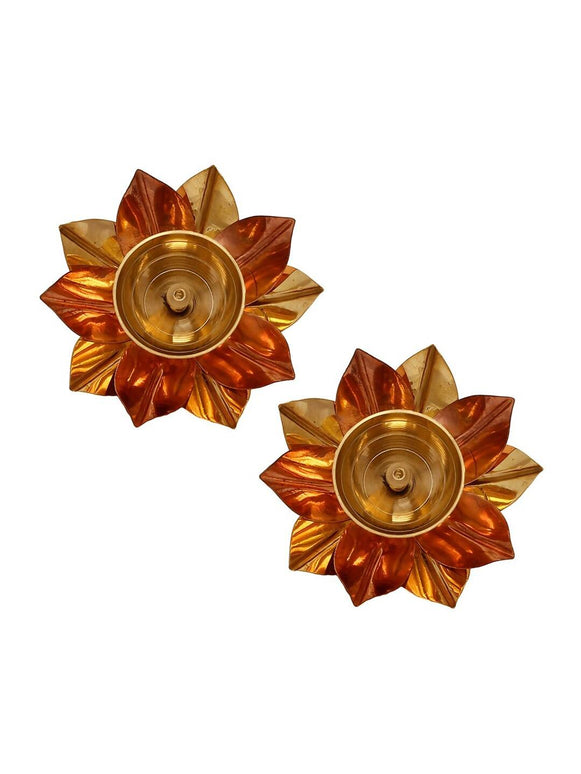 eCraftIndia Brown & Gold-Toned 2 Pcs Floral Shape Metal Diyas