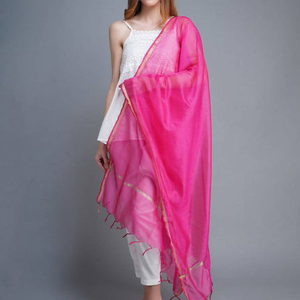 Shehnaai Chanderi Silk Dupatta In Magenta Colour With A Golden Woven Border
