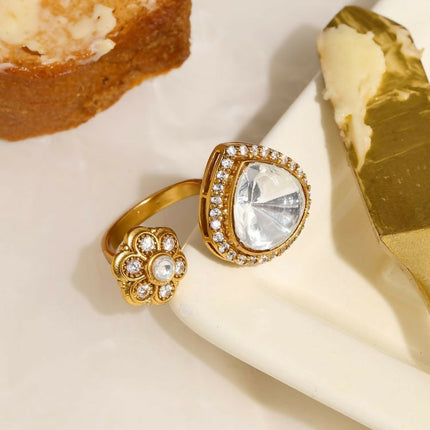 Kundan Gold Plated Hexagon and Pear Ring - Ruby Raang