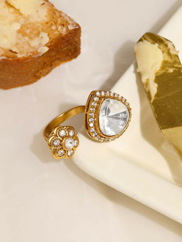 Kundan Gold Plated Hexagon and Pear Ring - Ruby Raang