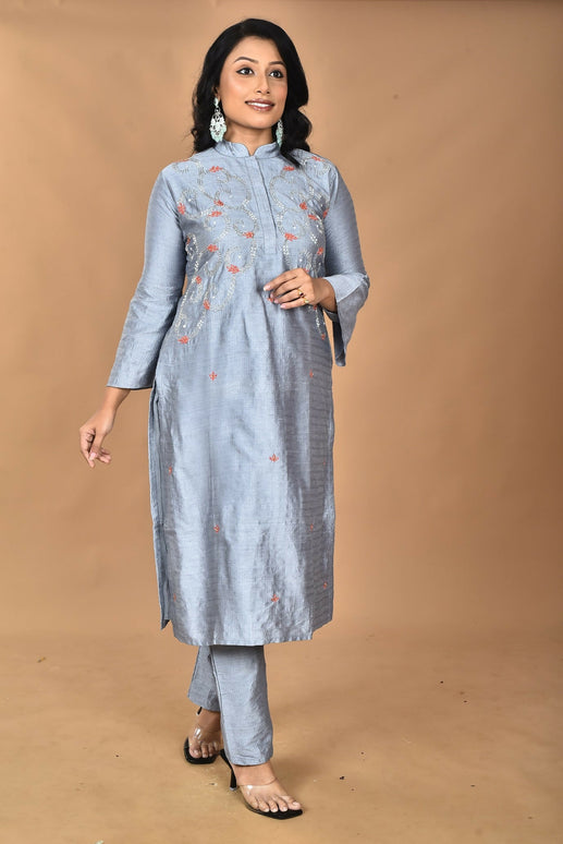 Morchari Women And Hand Embroidery Co-Ord Set-Grey