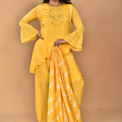 Morchari Women And Hand Embroidery Palazzo Set-Yellow