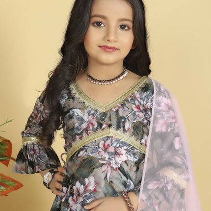 Divine Drape Girls Muslin Grey Printed Straight Kids Kurta Sharara With Dupatta