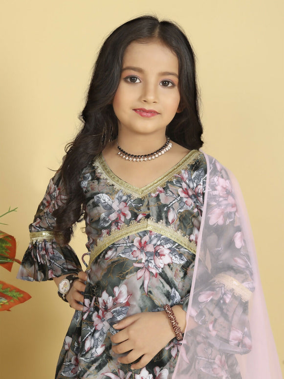 Divine Drape Girls Muslin Grey Printed Straight Kids Kurta Sharara With Dupatta