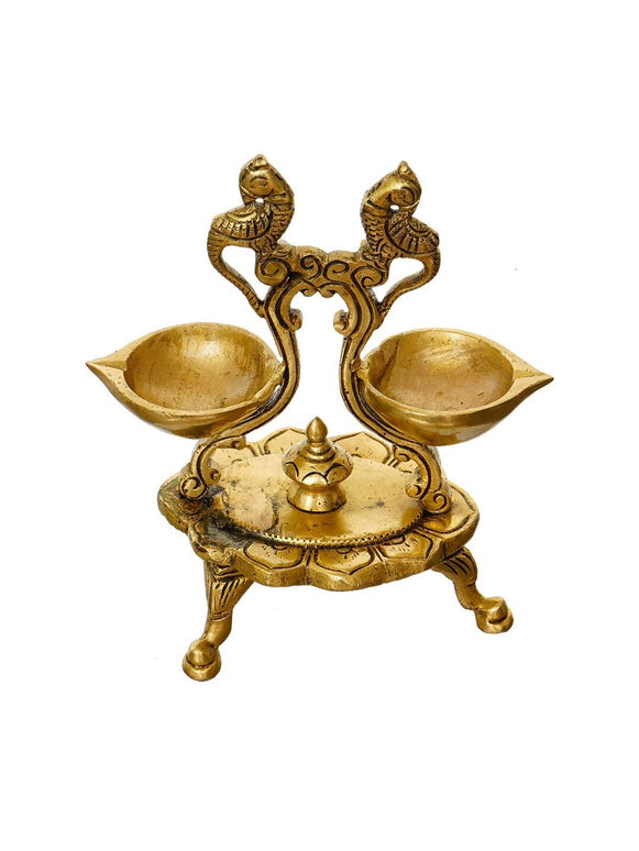 eCraftIndia Gold Toned Parrot Design Brass Handcrafted Diya With Stand