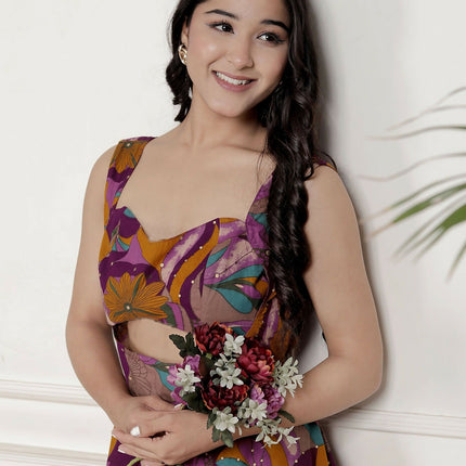 Miravan Womens Purple Pure Cotton Floral Printed Sleeveless Cut Out Western Dress