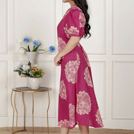 Miravan Womens Pink Printed Collar Neck Short Puff Sleeves Cotton A-Line Maxi Dress