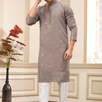 Raivat Ethnic Men's Art Silk Thread Work Kurta Pyjama In Brown Colour