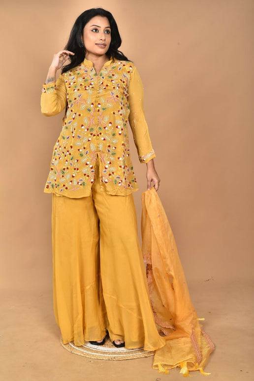 Morchari Women And Hand Embroidery Palazzo Set-Yellow