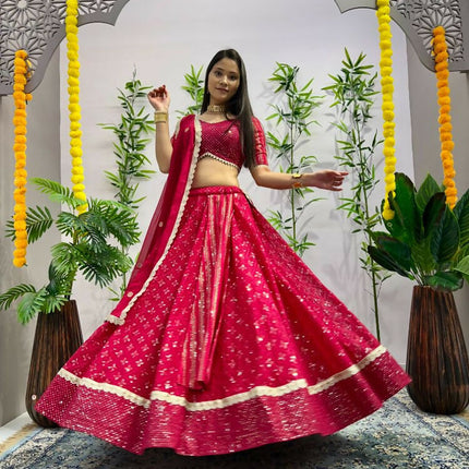 Aastha Fashion Rani Pink Heavy Georgette Heavy Embroidery+ Sequence +Ready Lace Semi Stitched Wedding Wear Lehenga Choli