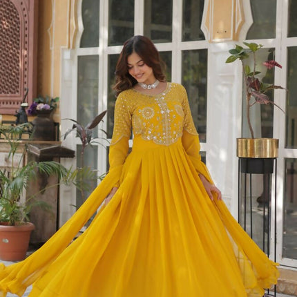 Aastha Fashion Yellow Faux Blooming Embroidery Work Party Wear Designer Gown