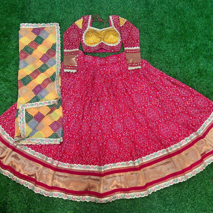 Aastha Fashion Rani Gaji Soft Silk Discharge Print + Embroidery Zari / Thread / Sequence Work Lace Semi Stitched Wedding Wear Lehenga Choli