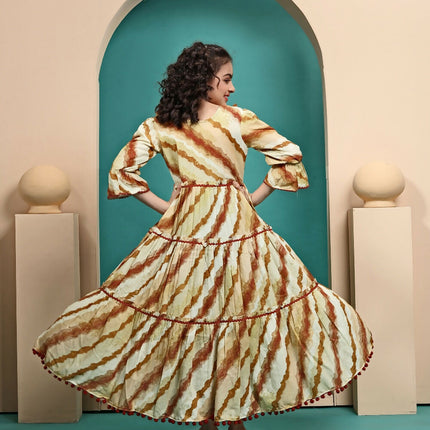 Divine Drape Girls Muslin Mustard Printed Kids Anarkali Gown