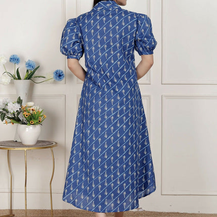 Miravan Womens Floral Print Blue Collar-Neck Puff Sleeves A-Line Maxi Dress