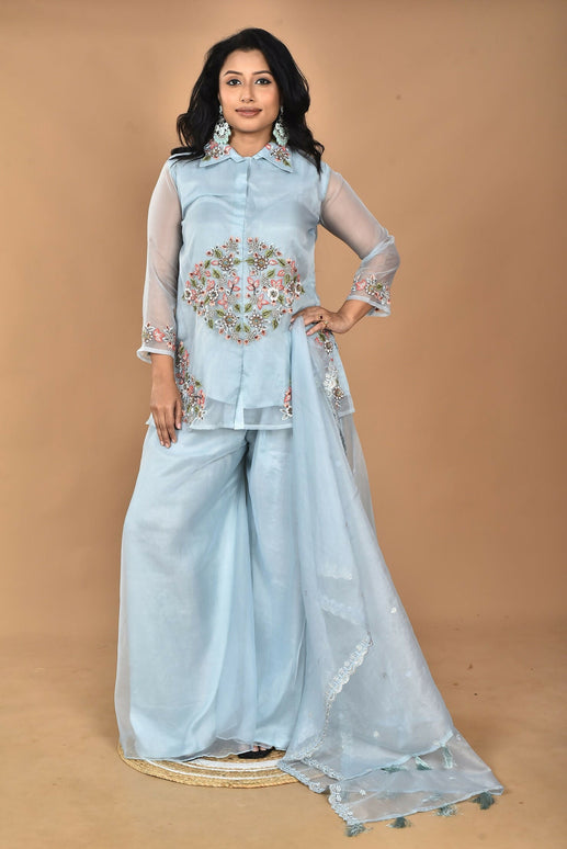 Morchari Women And Hand Embroidery Palazzo Set-Sky Blue