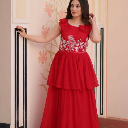 Aastha Fashion Red Faux Blooming Beads Embroidered work Party Wear Designer Gown