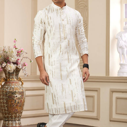 Raivat Ethnic Men's Art Silk Thread Work Kurta Pyjama In Cream Colour
