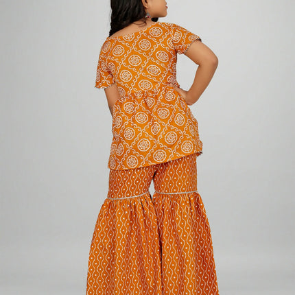 Divine Drape Girls Rayon Yellow Printed Straight Kids Kurta Sharara With Dupatta