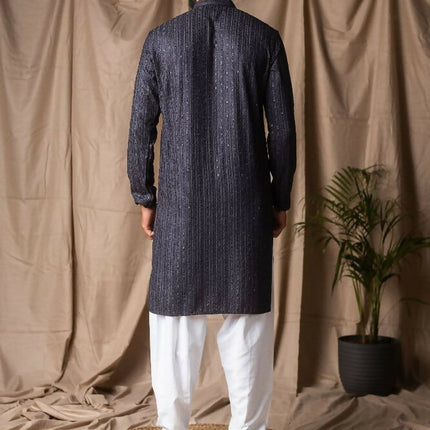 Dark Grey Rayon Thread Embroidery Work Kurta Set - Mahotsav