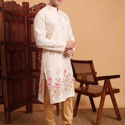 Cream Cotton Printed Chikankari Embroidery Work Kurta - Mahotsav