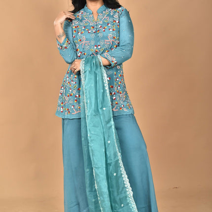 Morchari Women And Hand Embroidery Palazzo Set-Green