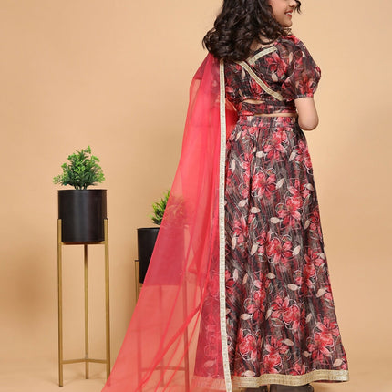 Divine Drape Girls Chinon Maroon Printed Kids Lehenga Choli With Dupatta
