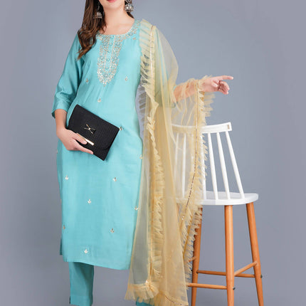 Shehnaai Blue Formal Muslin Suit With A Net Dupatta