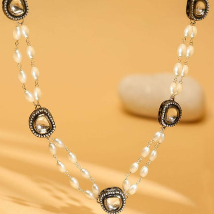 Rhodium Plated Kundan Necklace - Ruby Raang