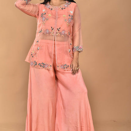 Morchari Women And Hand Embroidery Palazzo Set-Peach